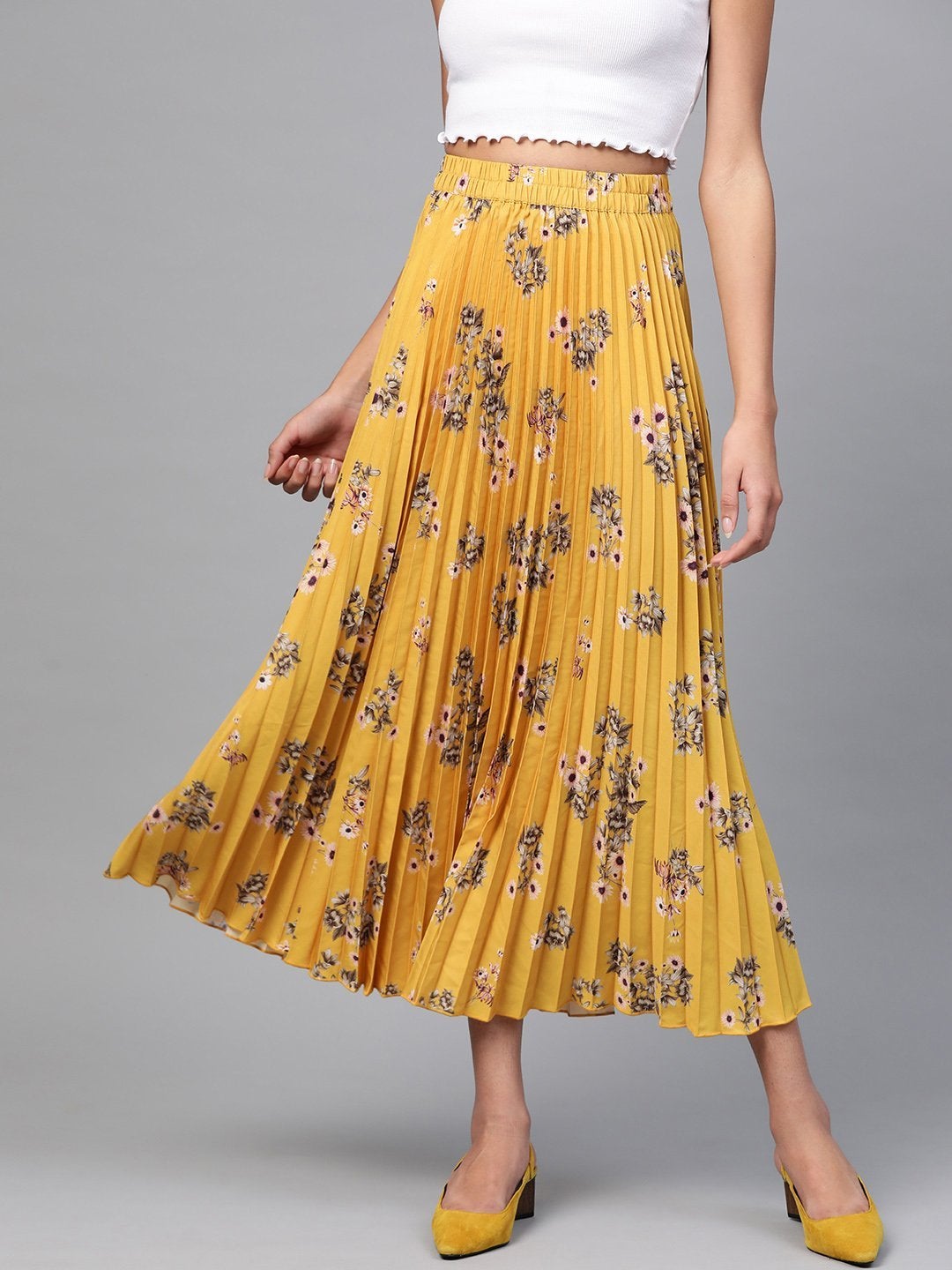 Women's Mustard Floral Longline Pleated Maxi Skirt - SASSAFRAS