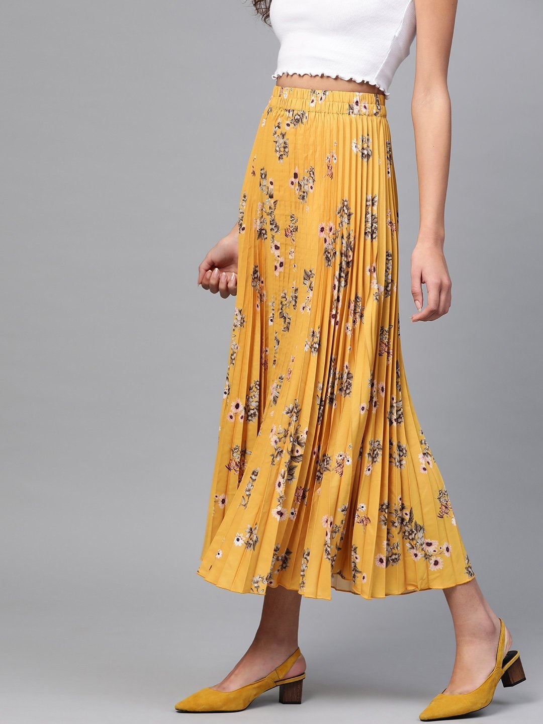 Women's Mustard Floral Longline Pleated Maxi Skirt - SASSAFRAS