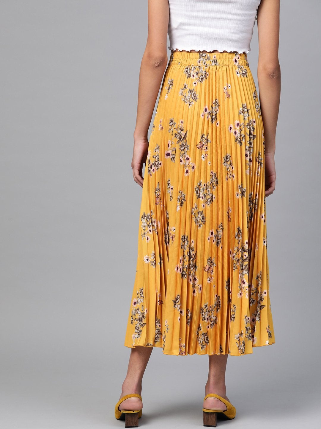 Women's Mustard Floral Longline Pleated Maxi Skirt - SASSAFRAS