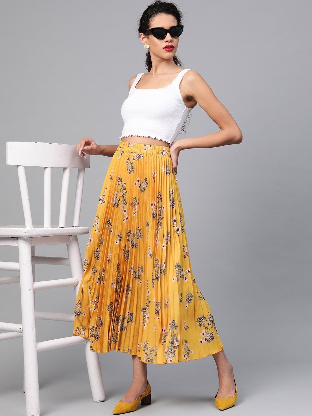 Women's Mustard Floral Longline Pleated Maxi Skirt - SASSAFRAS