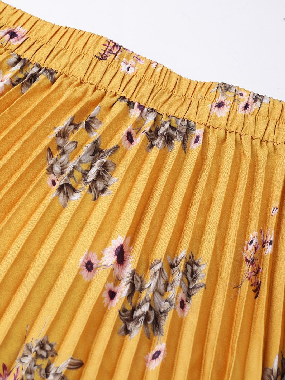 Women's Mustard Floral Longline Pleated Maxi Skirt - SASSAFRAS