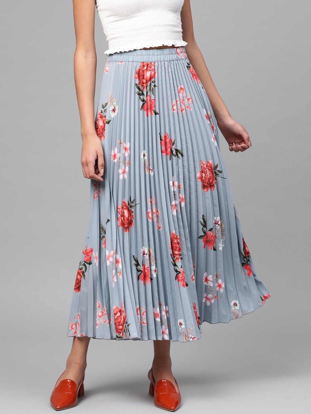 Women's Steel Blue Floral Longline Pleated Maxi Skirt - SASSAFRAS