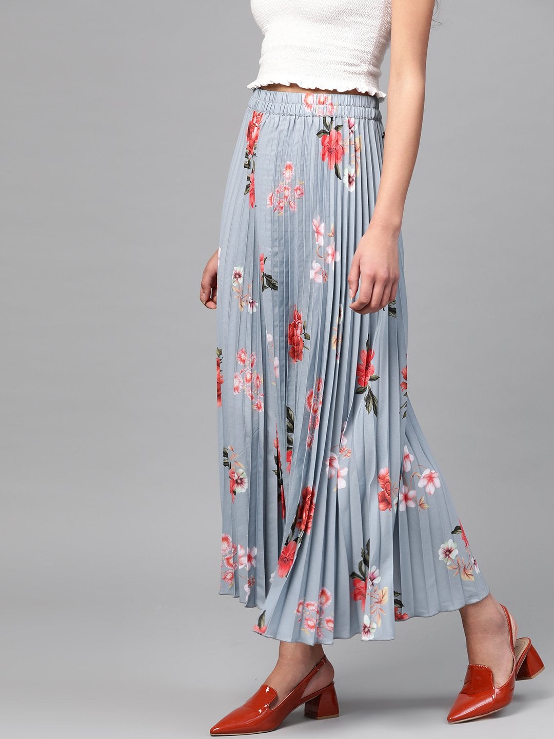 Women's Steel Blue Floral Longline Pleated Maxi Skirt - SASSAFRAS