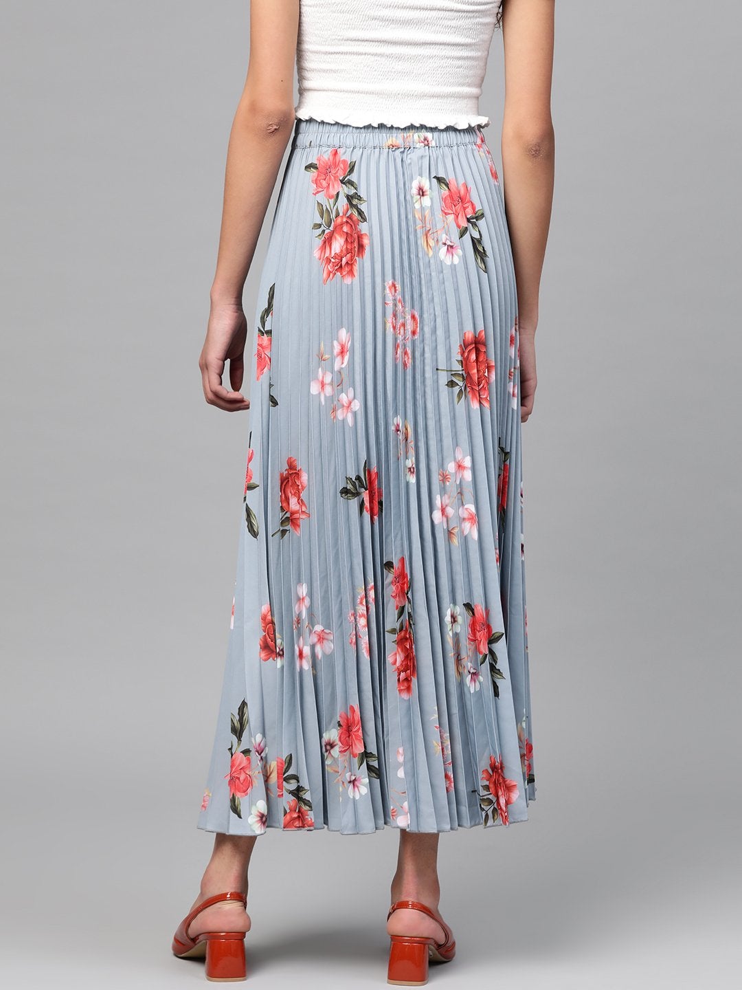 Women's Steel Blue Floral Longline Pleated Maxi Skirt - SASSAFRAS