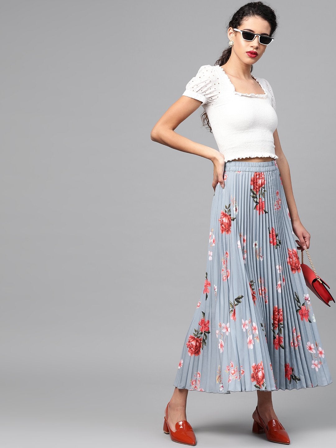 Women's Steel Blue Floral Longline Pleated Maxi Skirt - SASSAFRAS