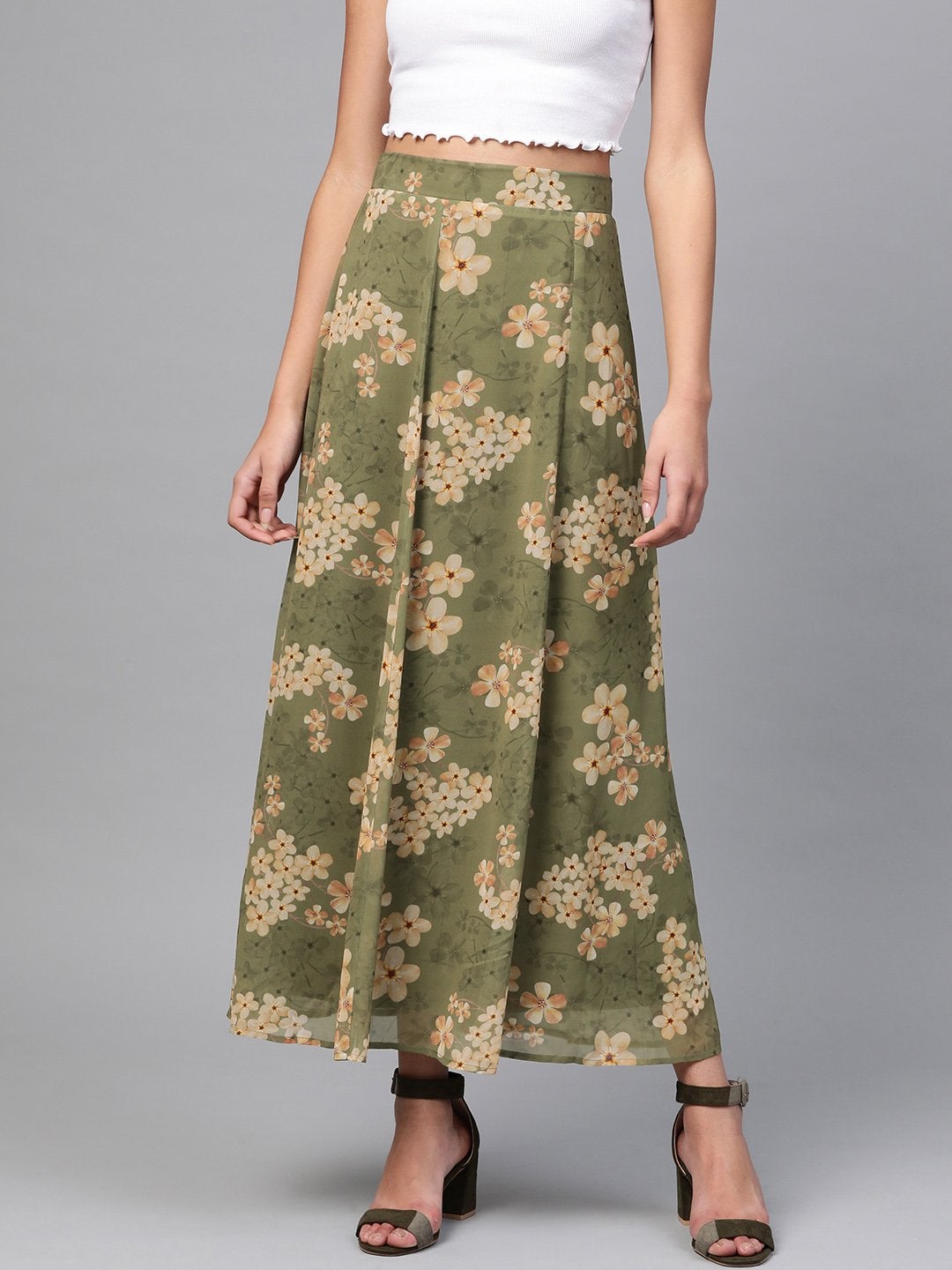 Women's Moss Green Floral Flared Maxi Skirt - SASSAFRAS