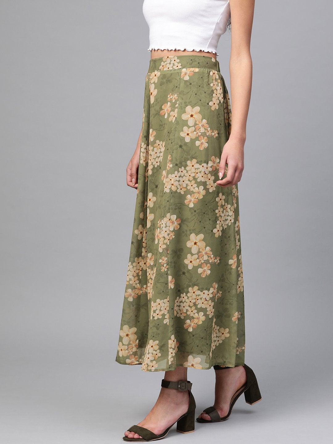 Women's Moss Green Floral Flared Maxi Skirt - SASSAFRAS