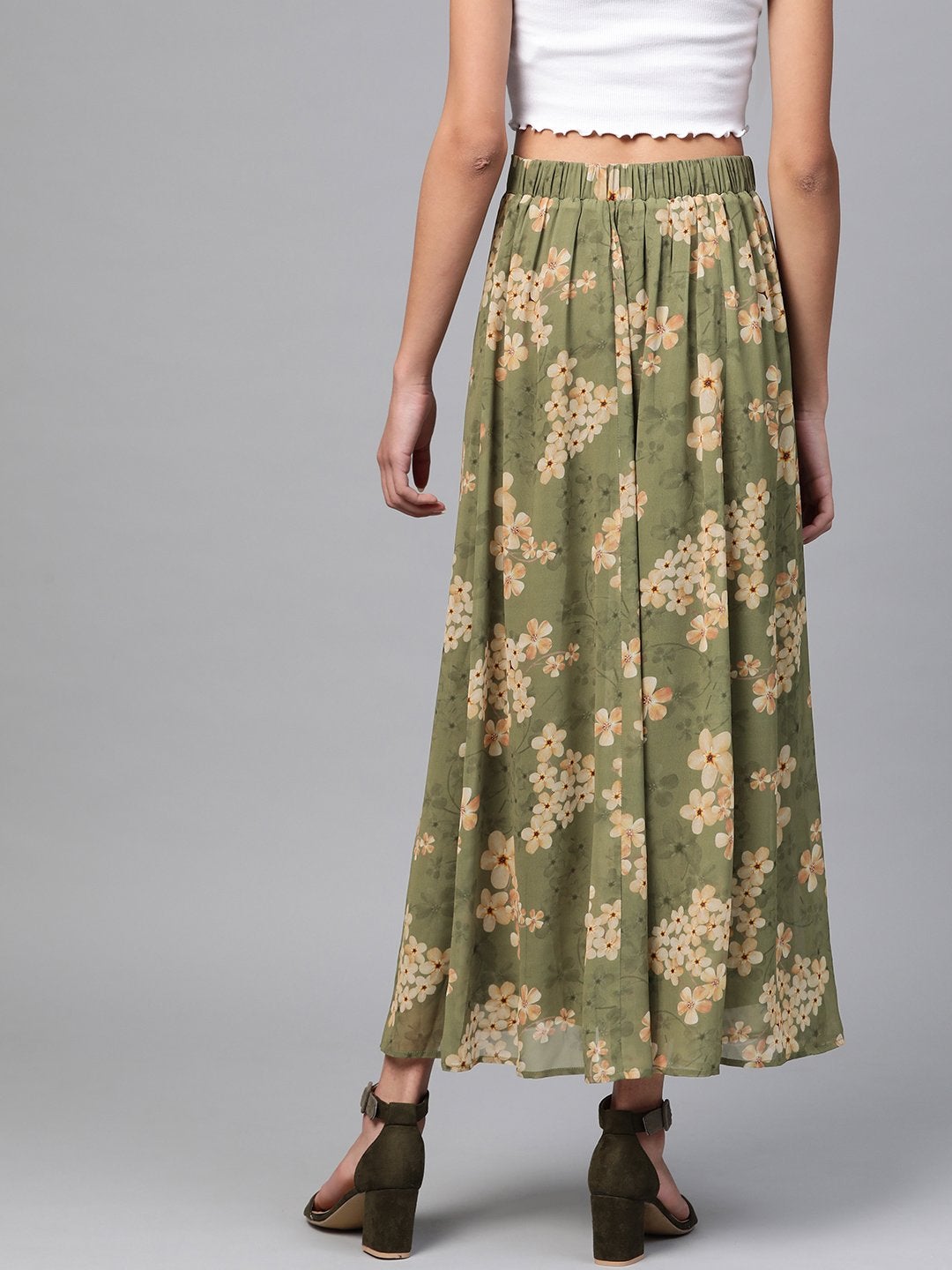 Women's Moss Green Floral Flared Maxi Skirt - SASSAFRAS