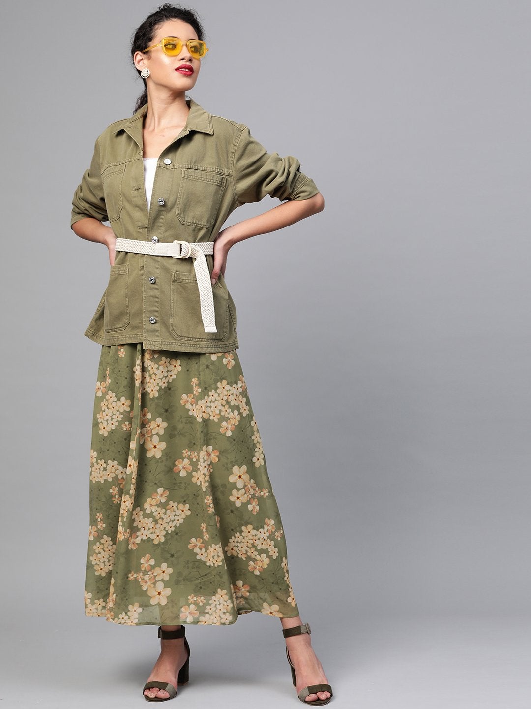 Women's Moss Green Floral Flared Maxi Skirt - SASSAFRAS