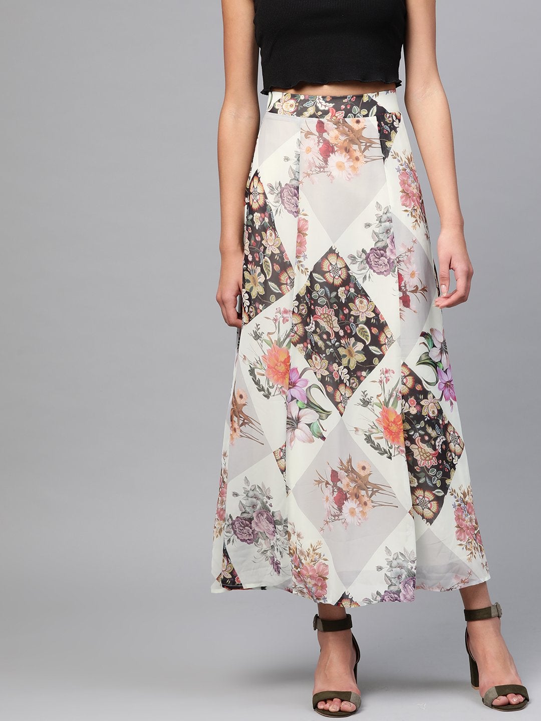 Women's Cream And Black Floral Maxi Skirt - SASSAFRAS