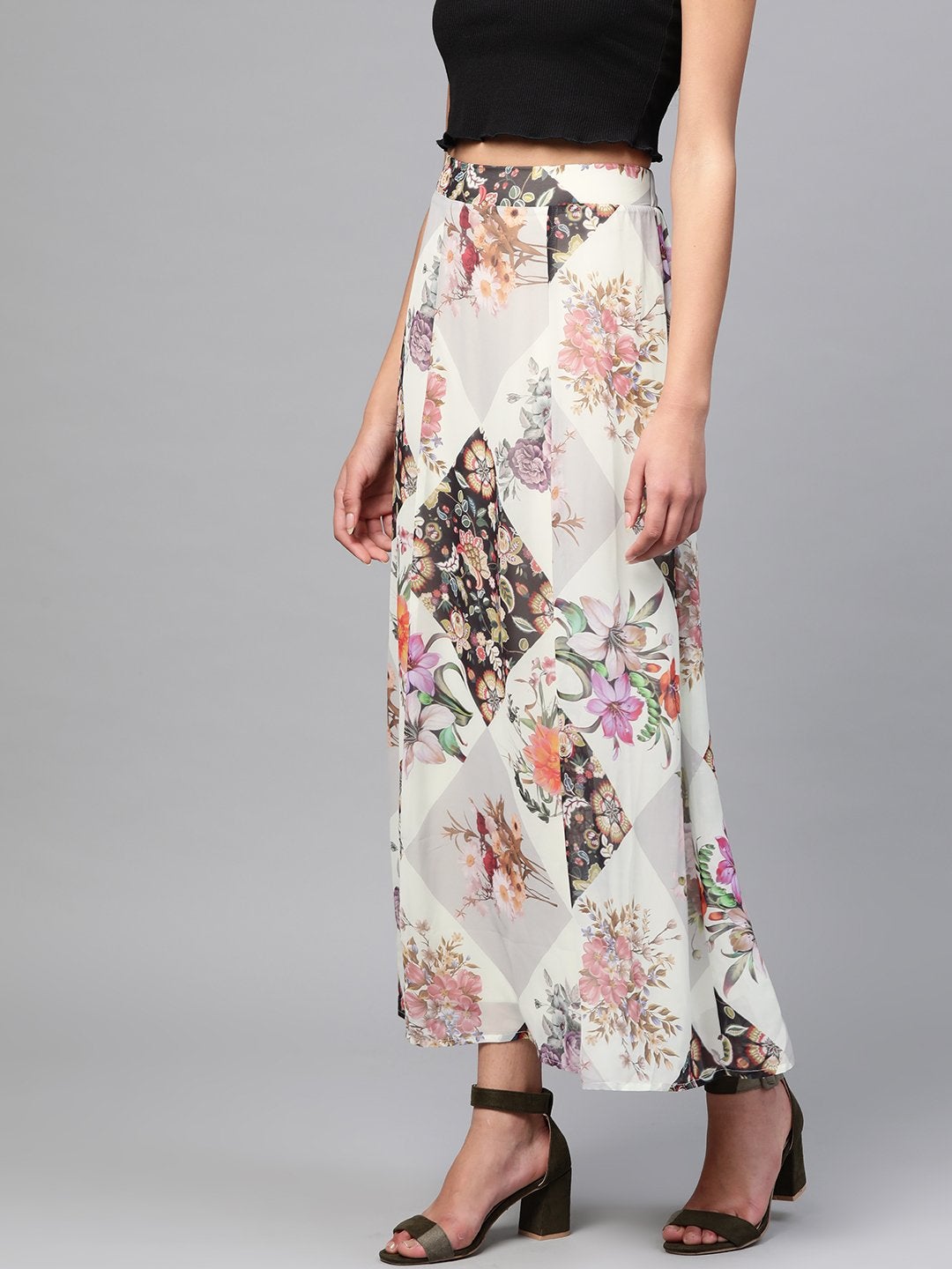 Women's Cream And Black Floral Maxi Skirt - SASSAFRAS