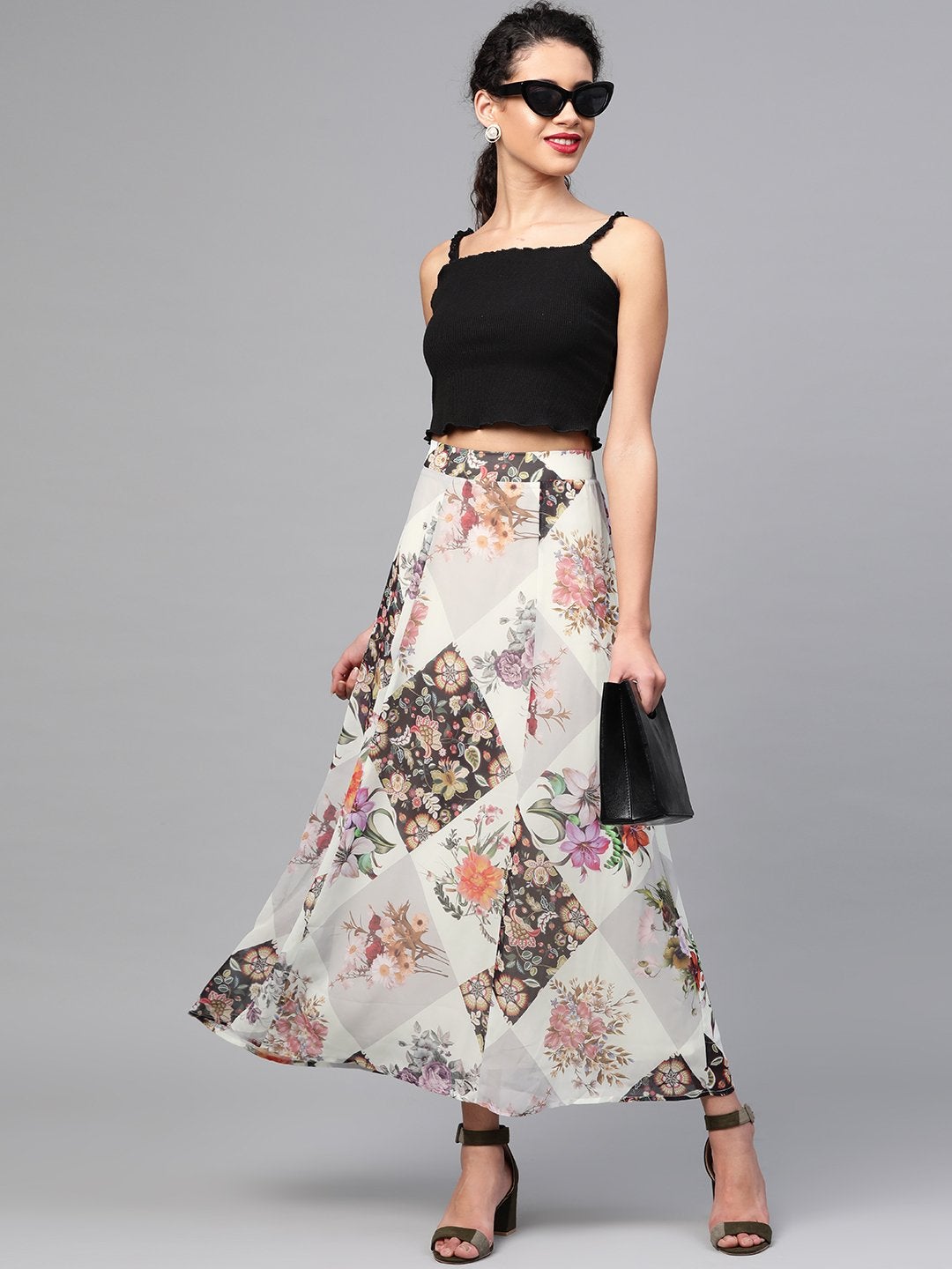 Women's Cream And Black Floral Maxi Skirt - SASSAFRAS