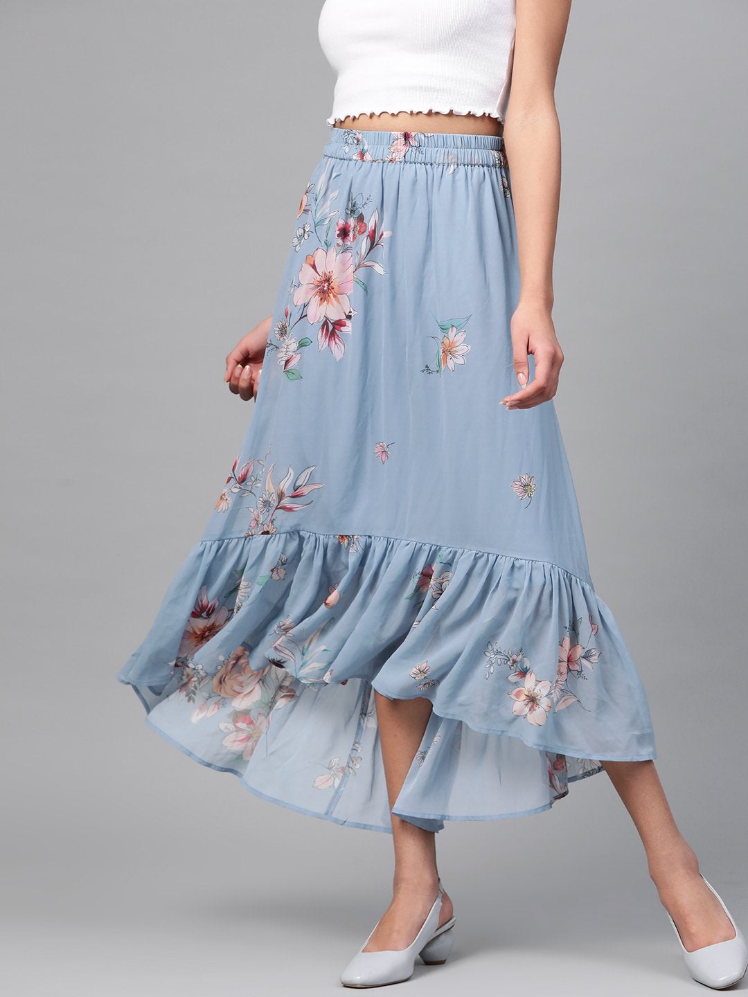 Women's Pale Blue Floral Tiered High Low Skirt - SASSAFRAS