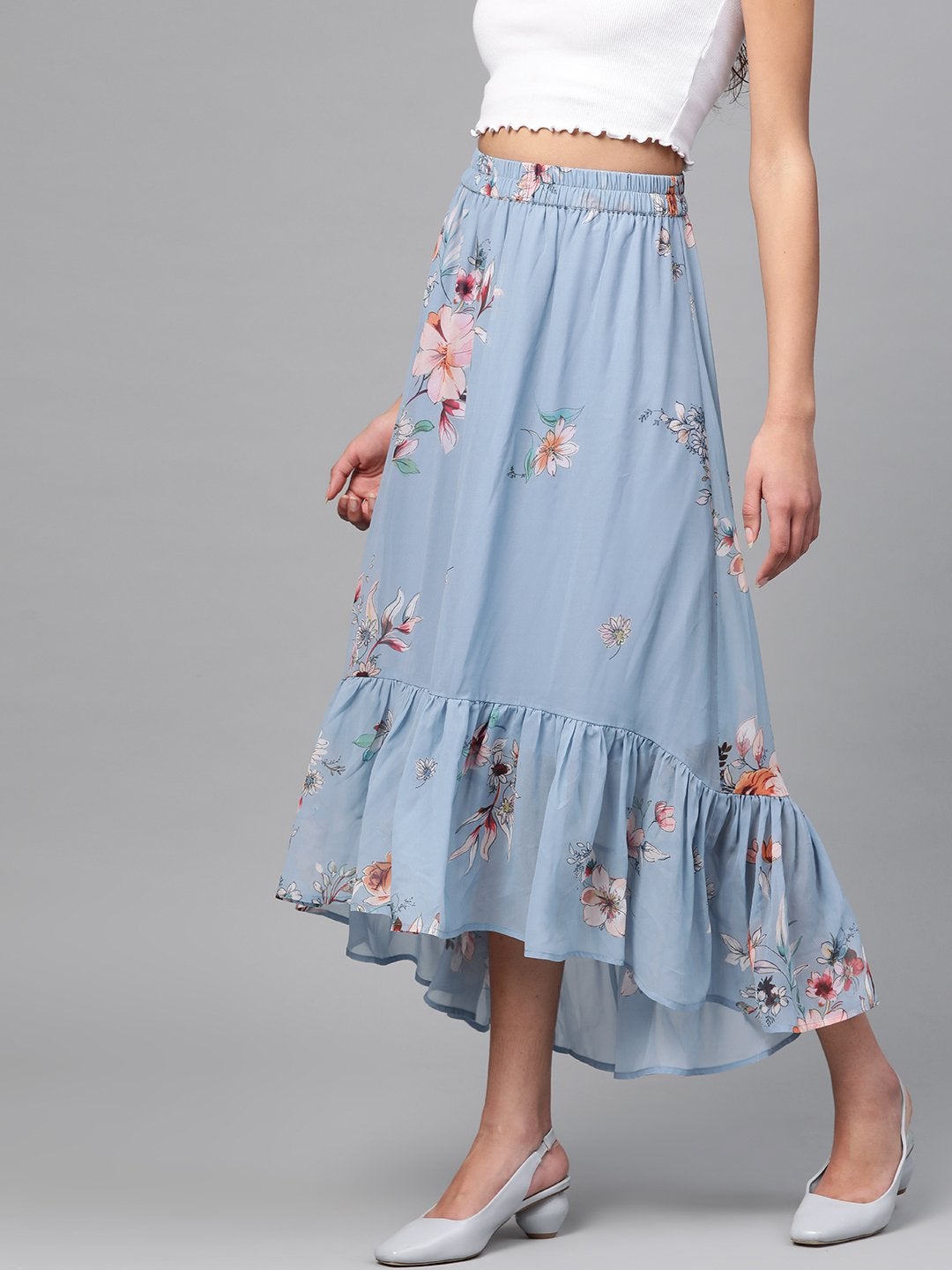 Women's Pale Blue Floral Tiered High Low Skirt - SASSAFRAS