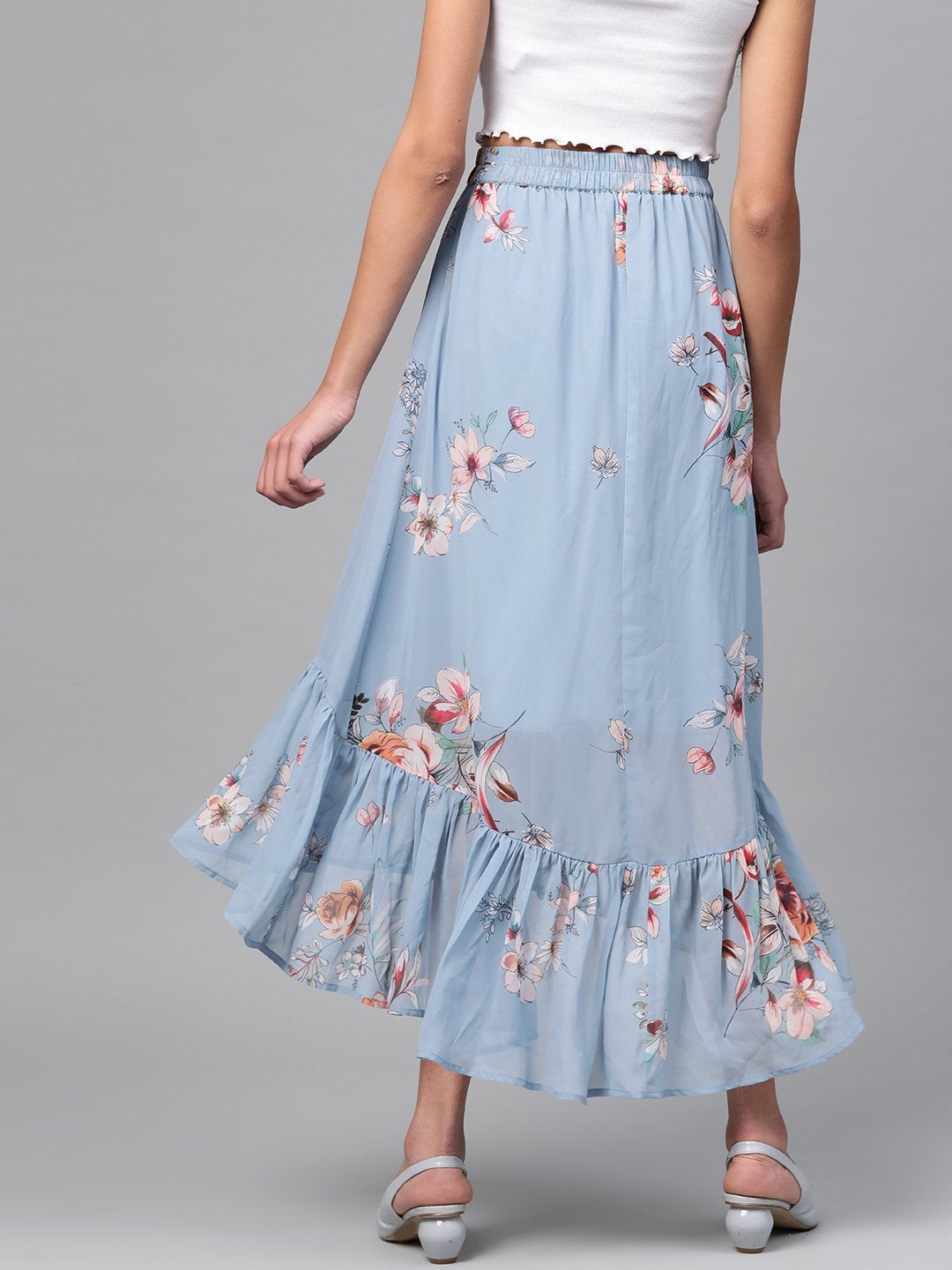 Women's Pale Blue Floral Tiered High Low Skirt - SASSAFRAS