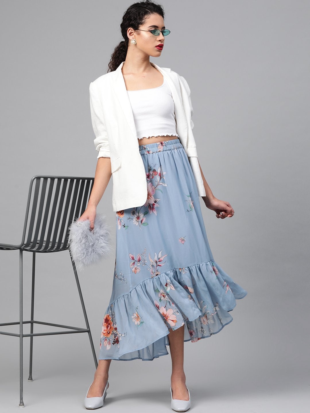 Women's Pale Blue Floral Tiered High Low Skirt - SASSAFRAS