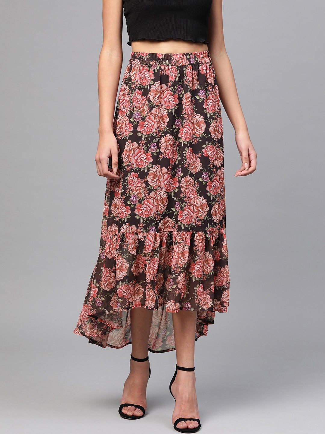 Women's Black Floral Tiered High Low Skirt - SASSAFRAS