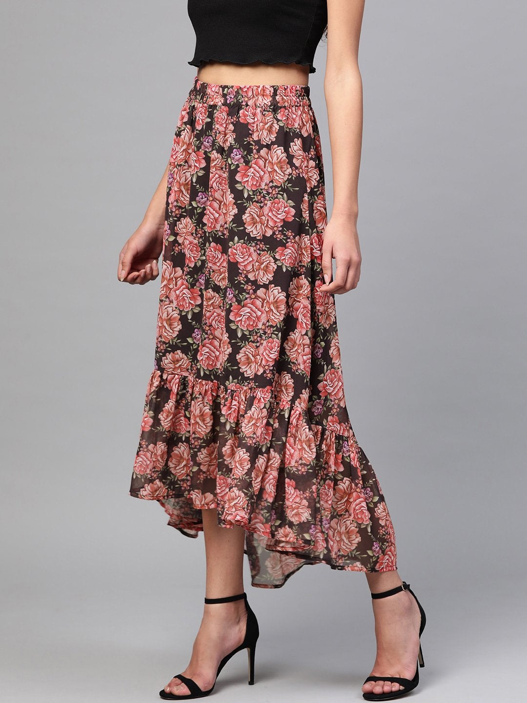 Women's Black Floral Tiered High Low Skirt - SASSAFRAS