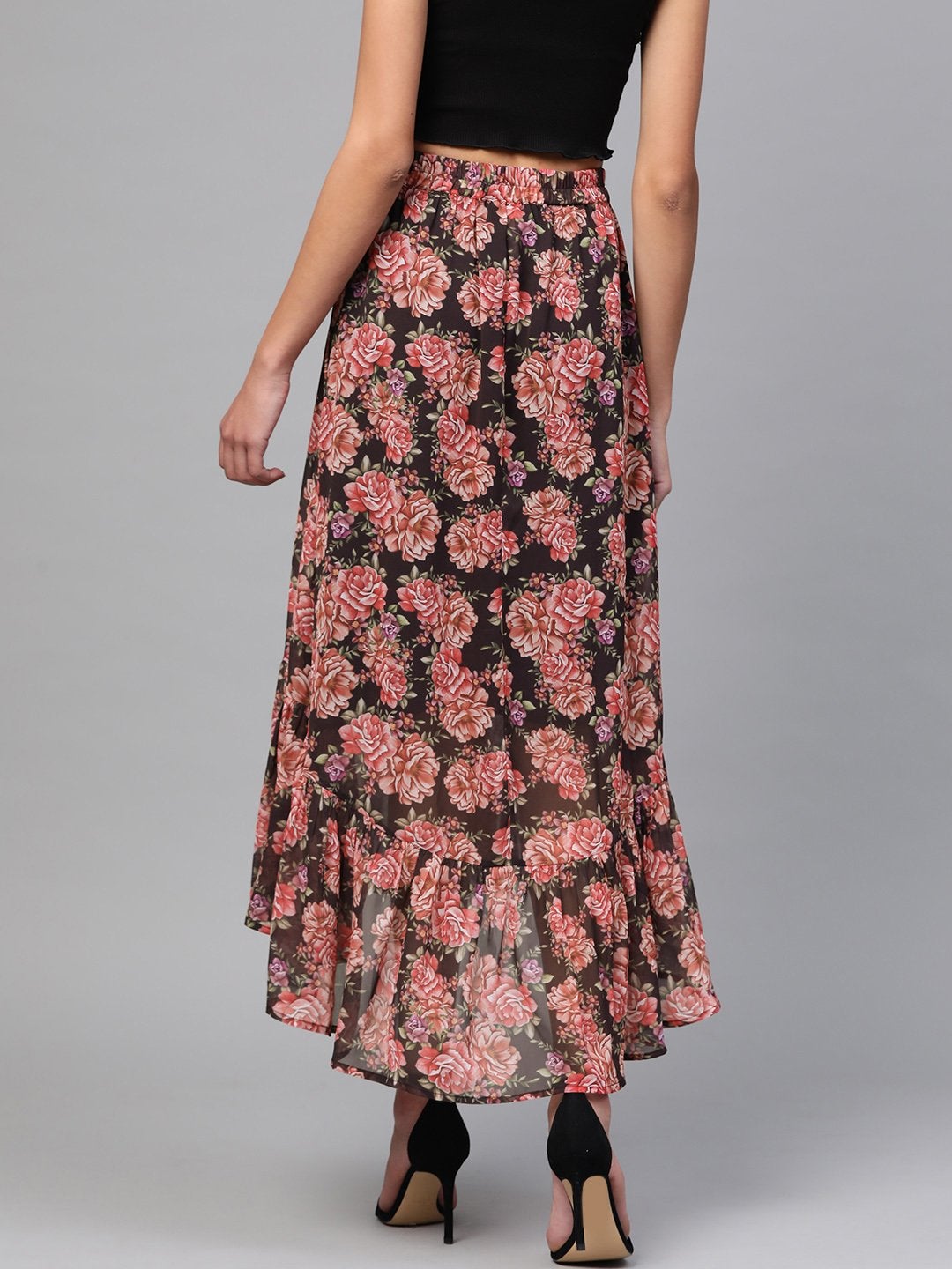 Women's Black Floral Tiered High Low Skirt - SASSAFRAS