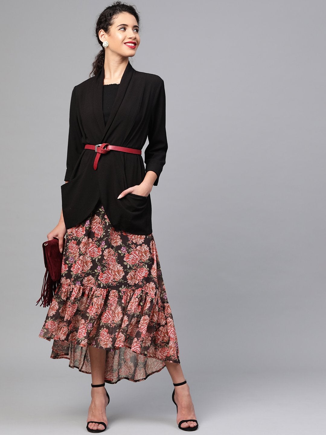 Women's Black Floral Tiered High Low Skirt - SASSAFRAS