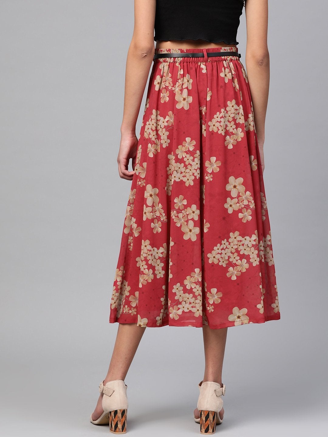 Women's Red Floral Flared Skirt - SASSAFRAS