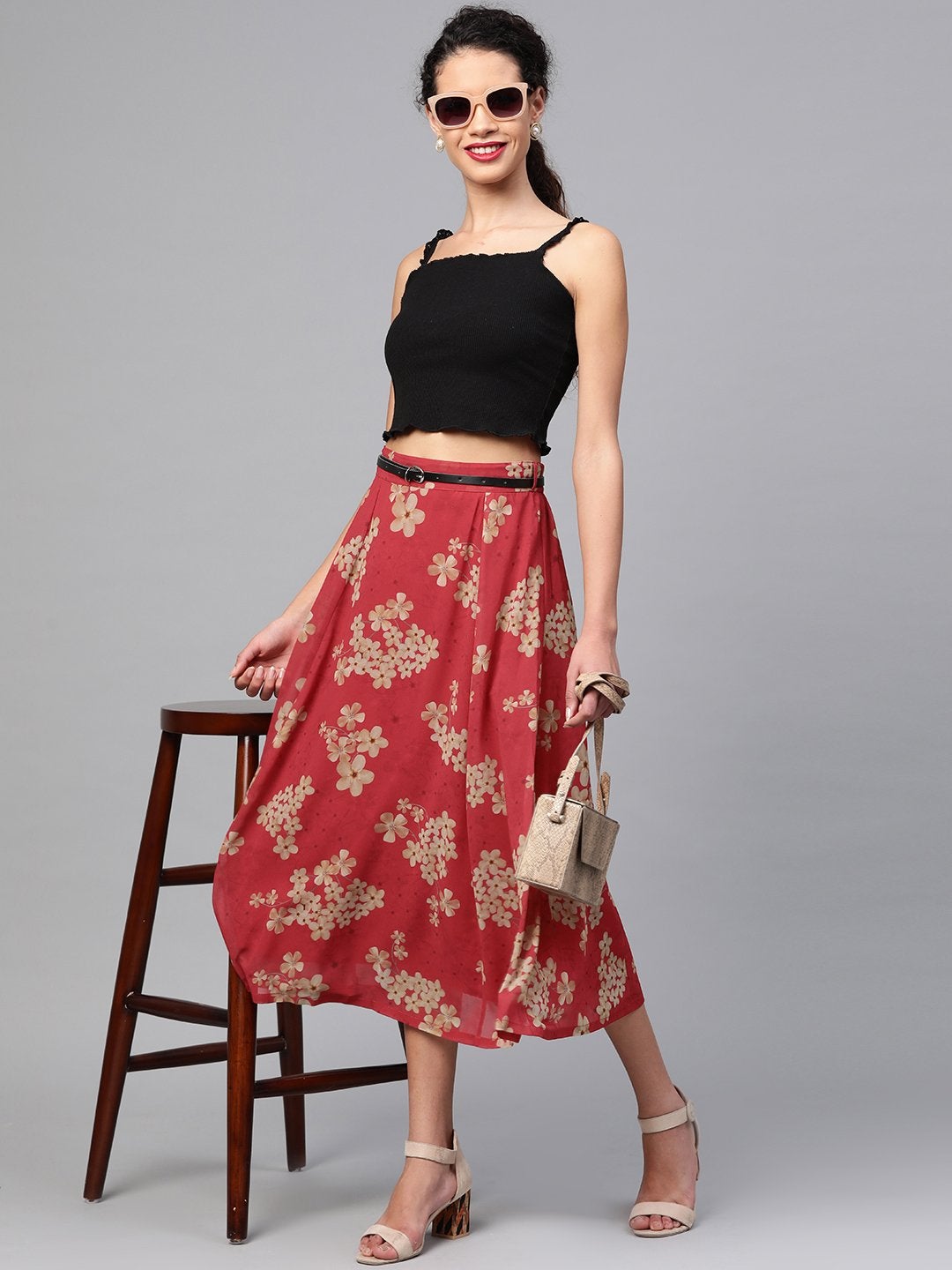 Women's Red Floral Flared Skirt - SASSAFRAS