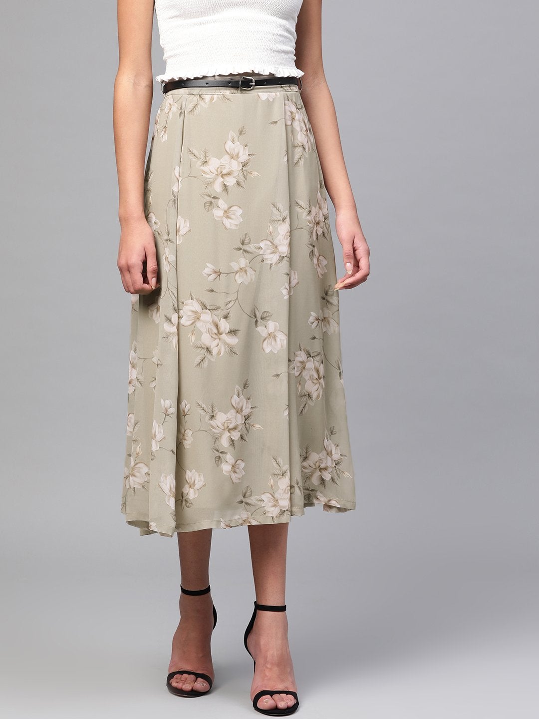 Women's Olive Floral Flared Skirt - SASSAFRAS