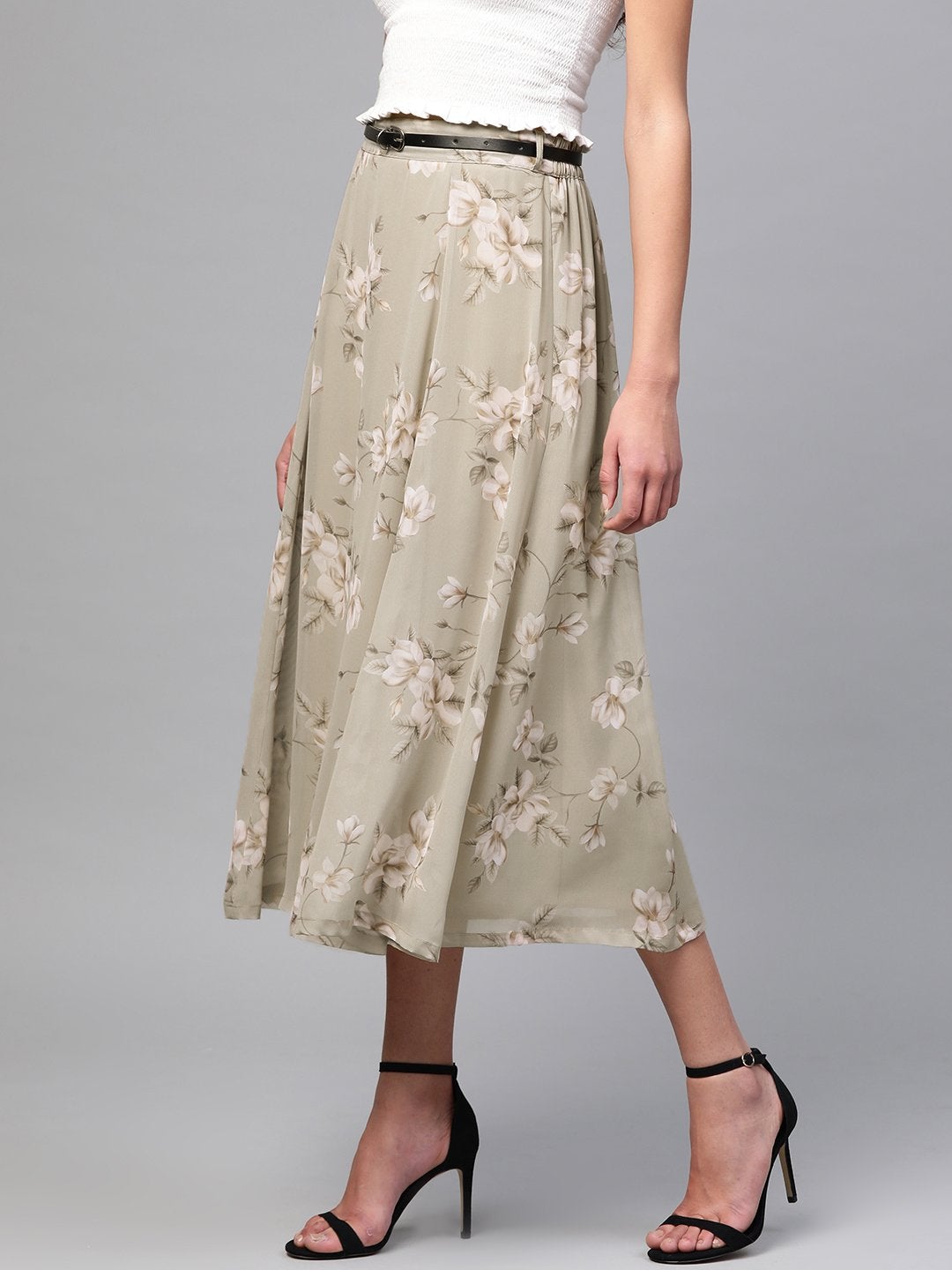 Women's Olive Floral Flared Skirt - SASSAFRAS