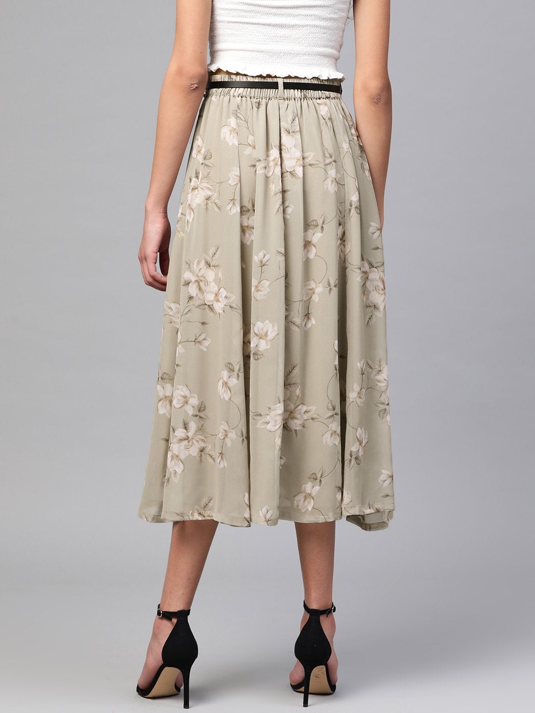 Women's Olive Floral Flared Skirt - SASSAFRAS