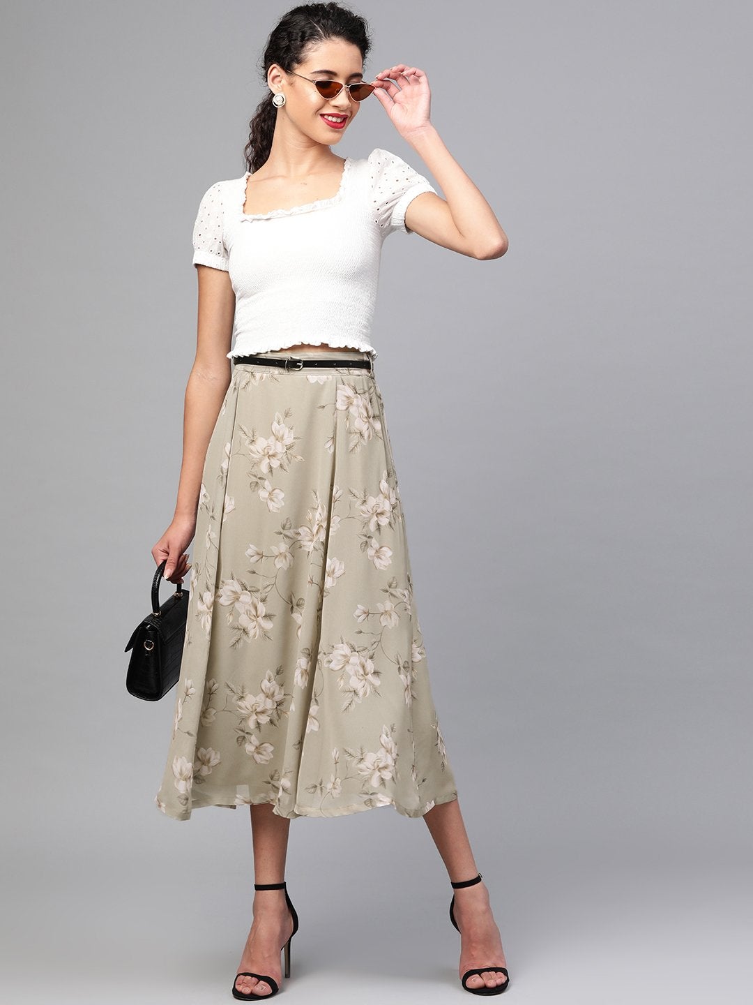 Women's Olive Floral Flared Skirt - SASSAFRAS