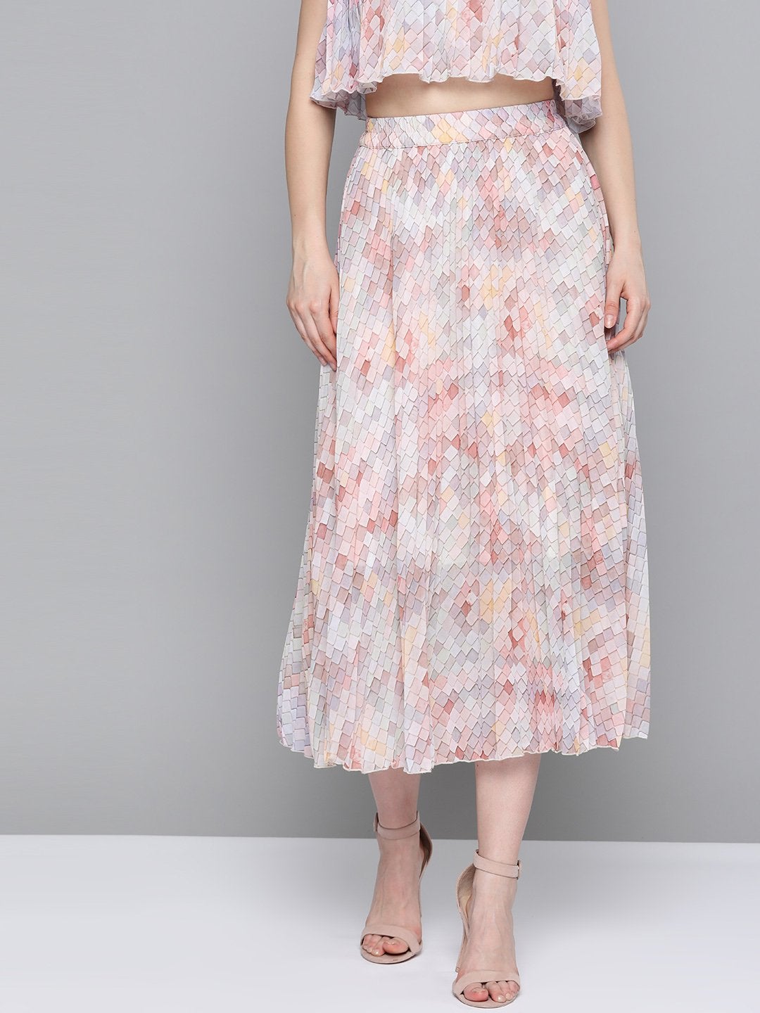 Women's Peach Tile Print Pleated Longline Skirt - SASSAFRAS