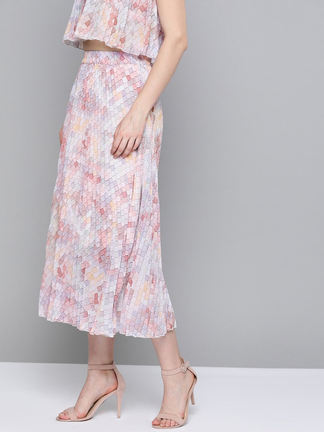 Women's Peach Tile Print Pleated Longline Skirt - SASSAFRAS