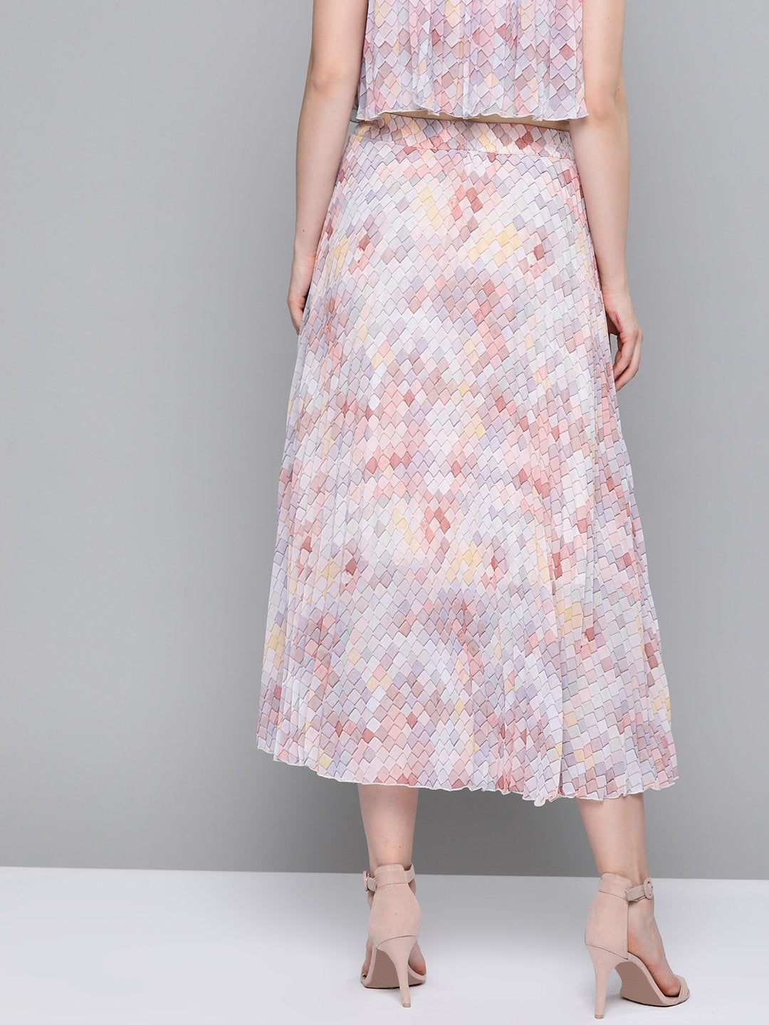 Women's Peach Tile Print Pleated Longline Skirt - SASSAFRAS