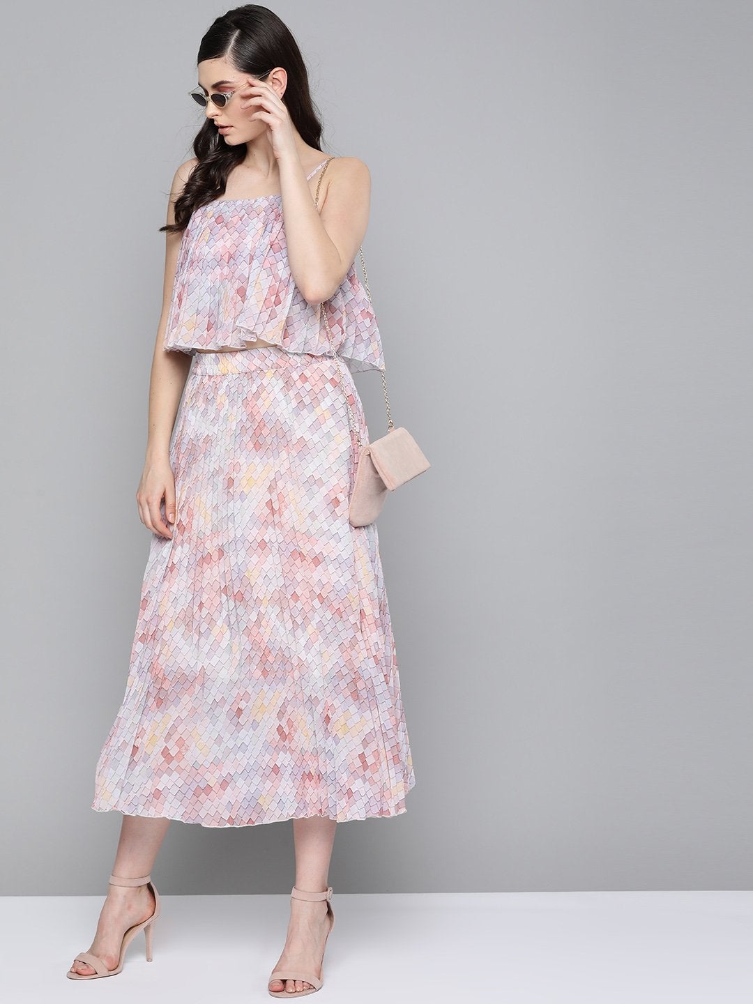 Women's Peach Tile Print Pleated Longline Skirt - SASSAFRAS