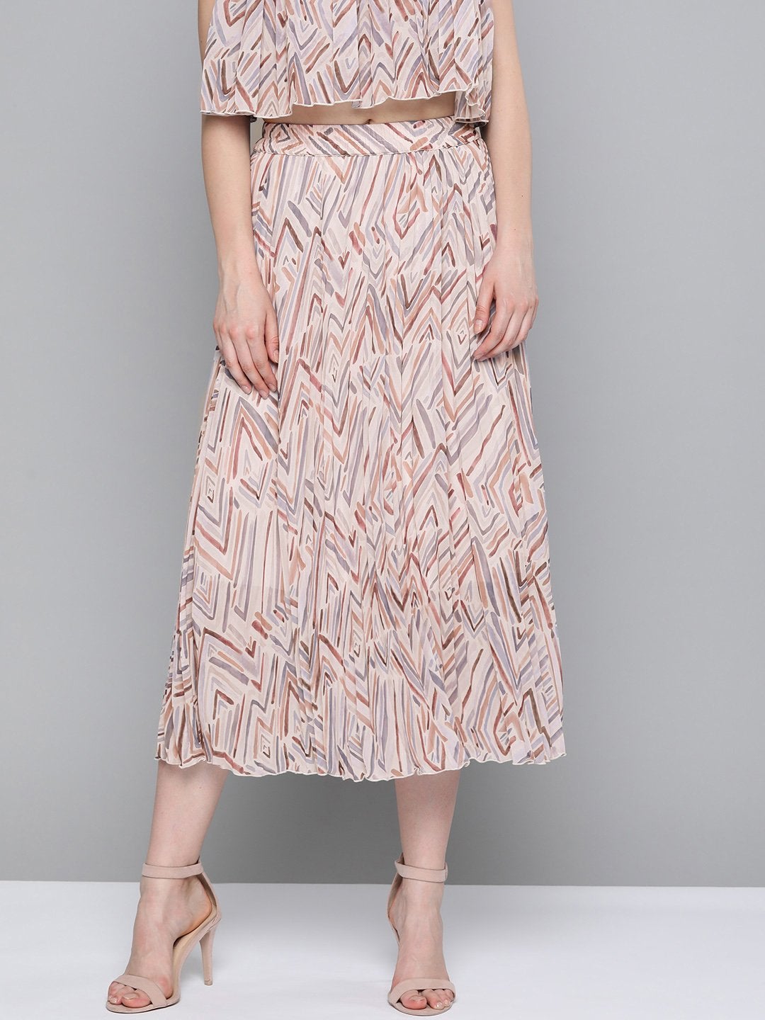 Women's Beige Geometric Print Pleated Longline Skirt - SASSAFRAS