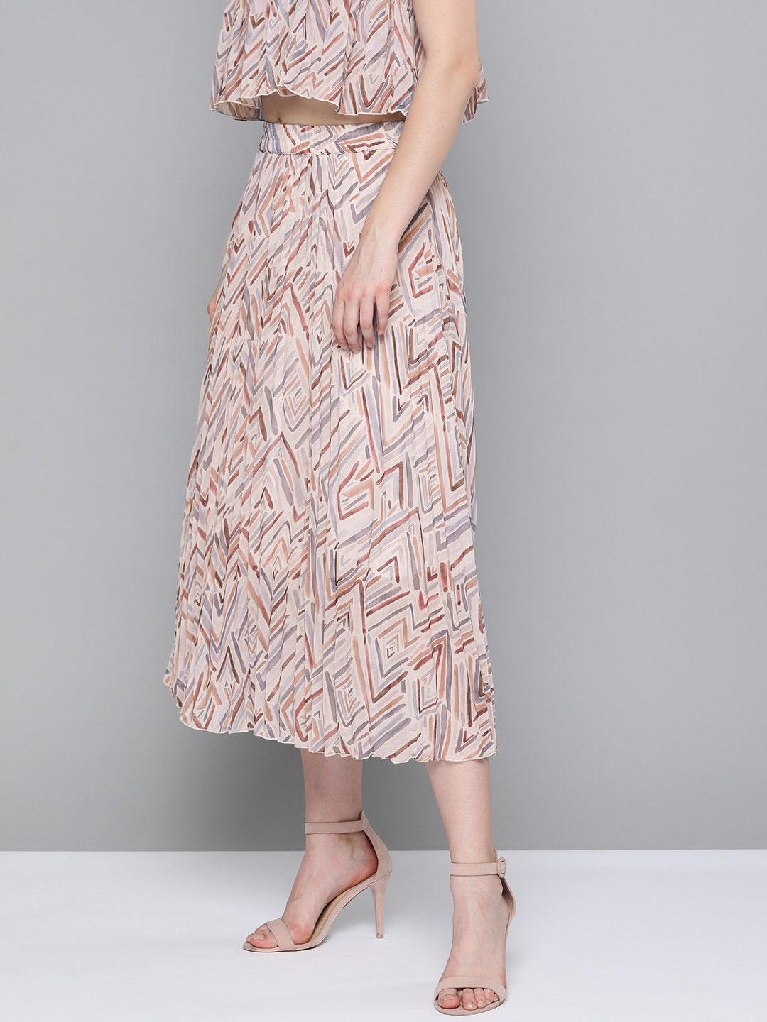 Women's Beige Geometric Print Pleated Longline Skirt - SASSAFRAS