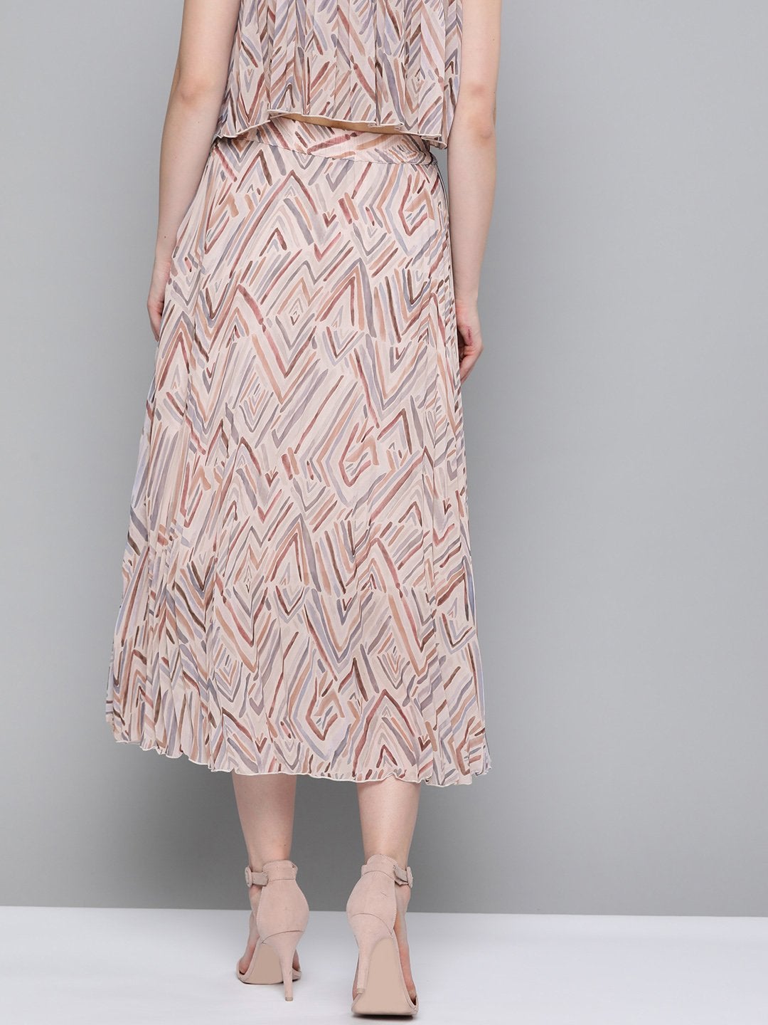 Women's Beige Geometric Print Pleated Longline Skirt - SASSAFRAS