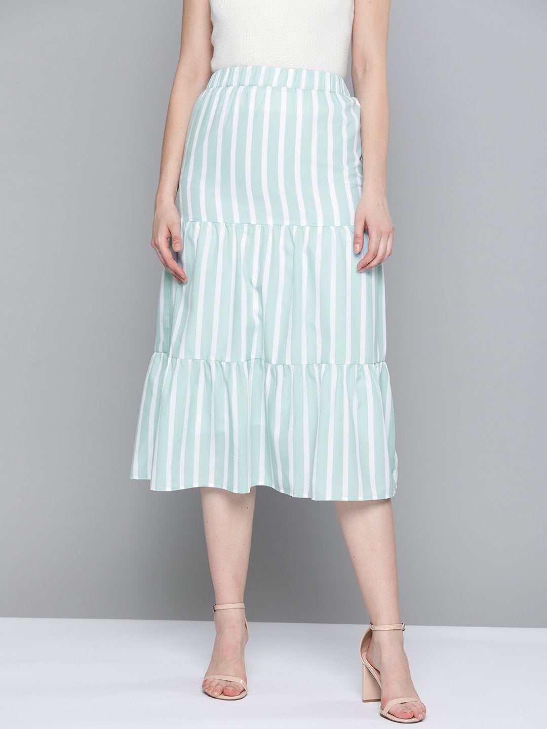 Women's Sea Green Stripe Tiered Skirt - SASSAFRAS