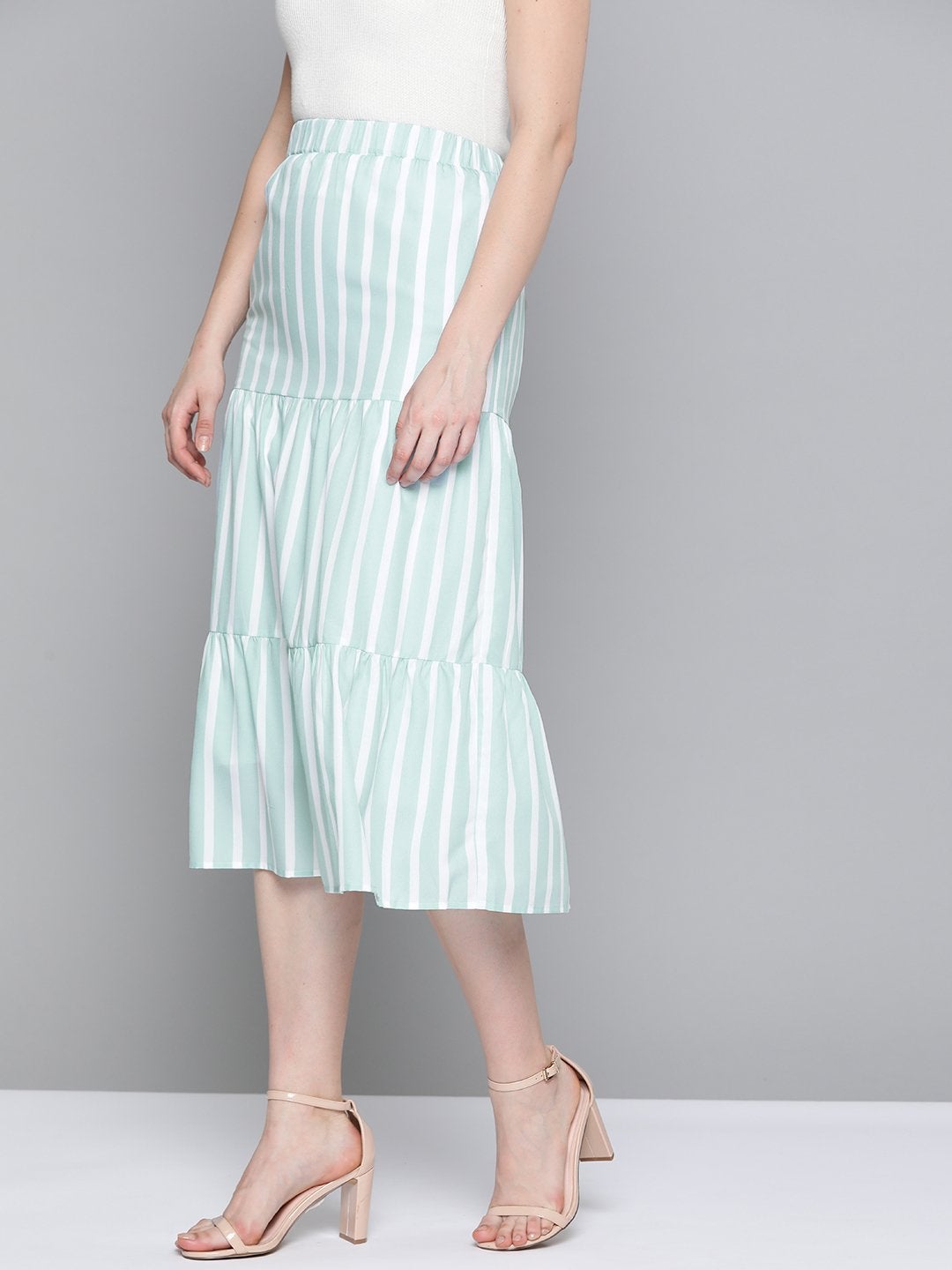 Women's Sea Green Stripe Tiered Skirt - SASSAFRAS