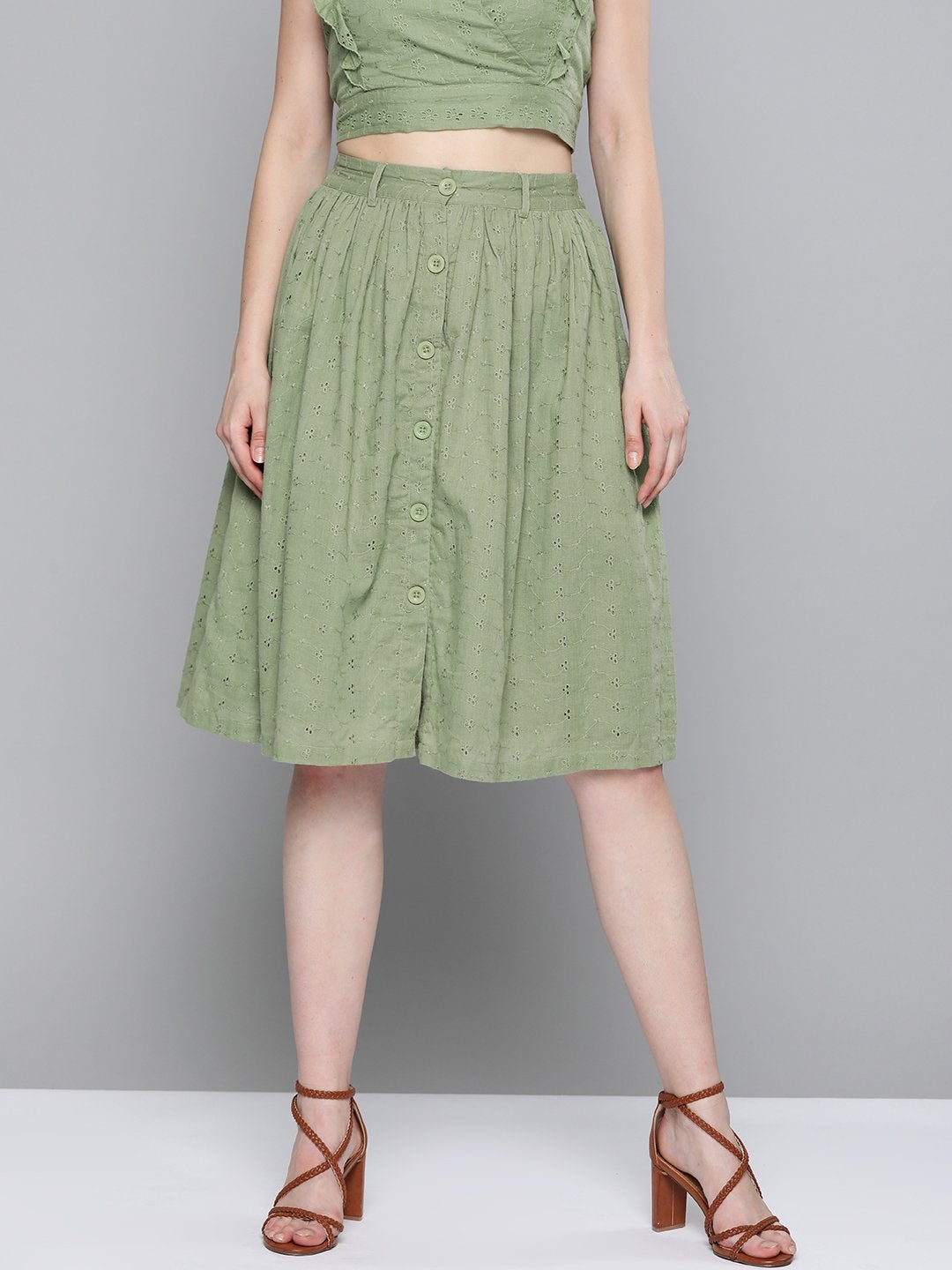 Women's Olive Schiffli Buttoned Skirt - SASSAFRAS