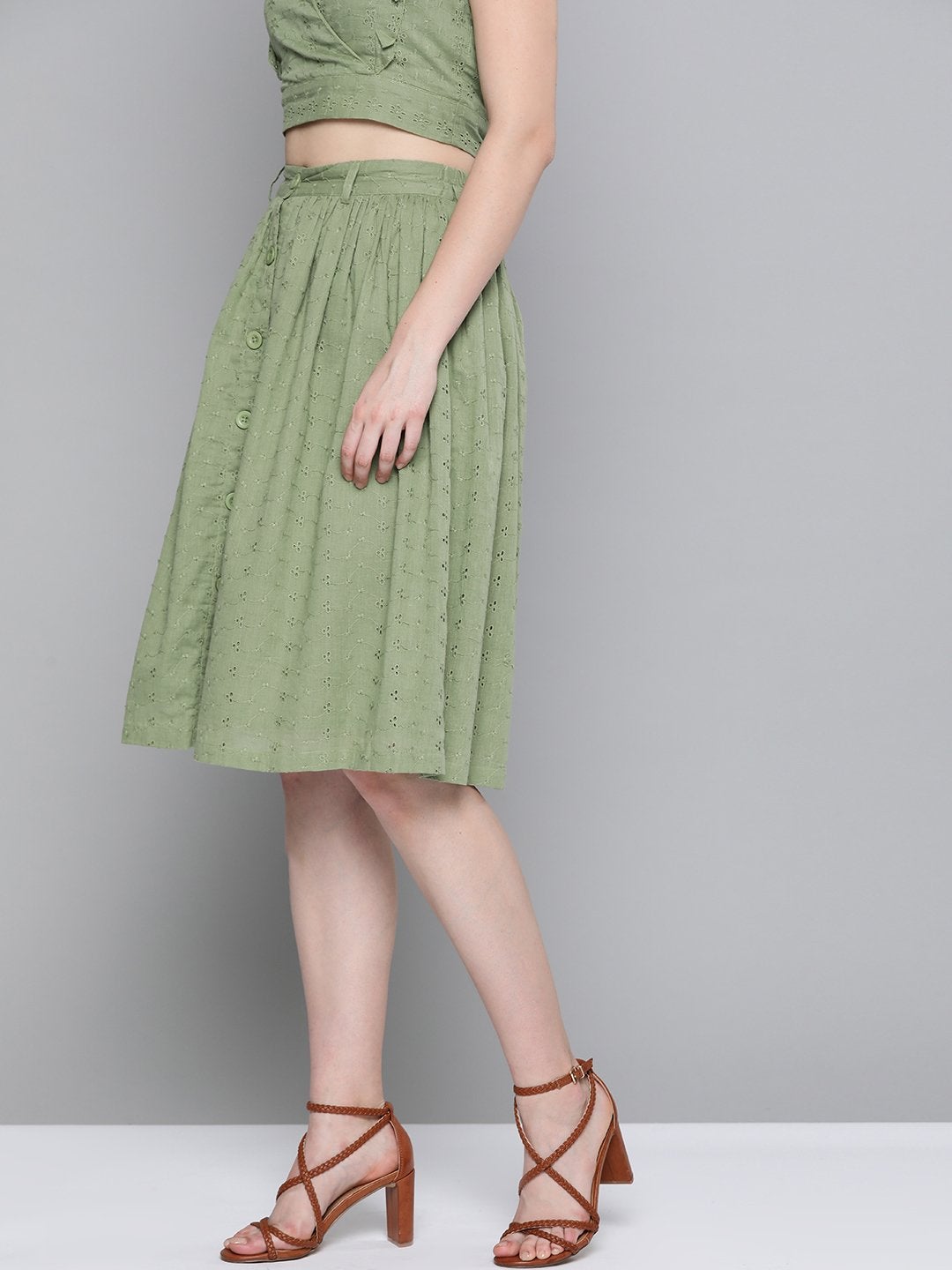 Women's Olive Schiffli Buttoned Skirt - SASSAFRAS