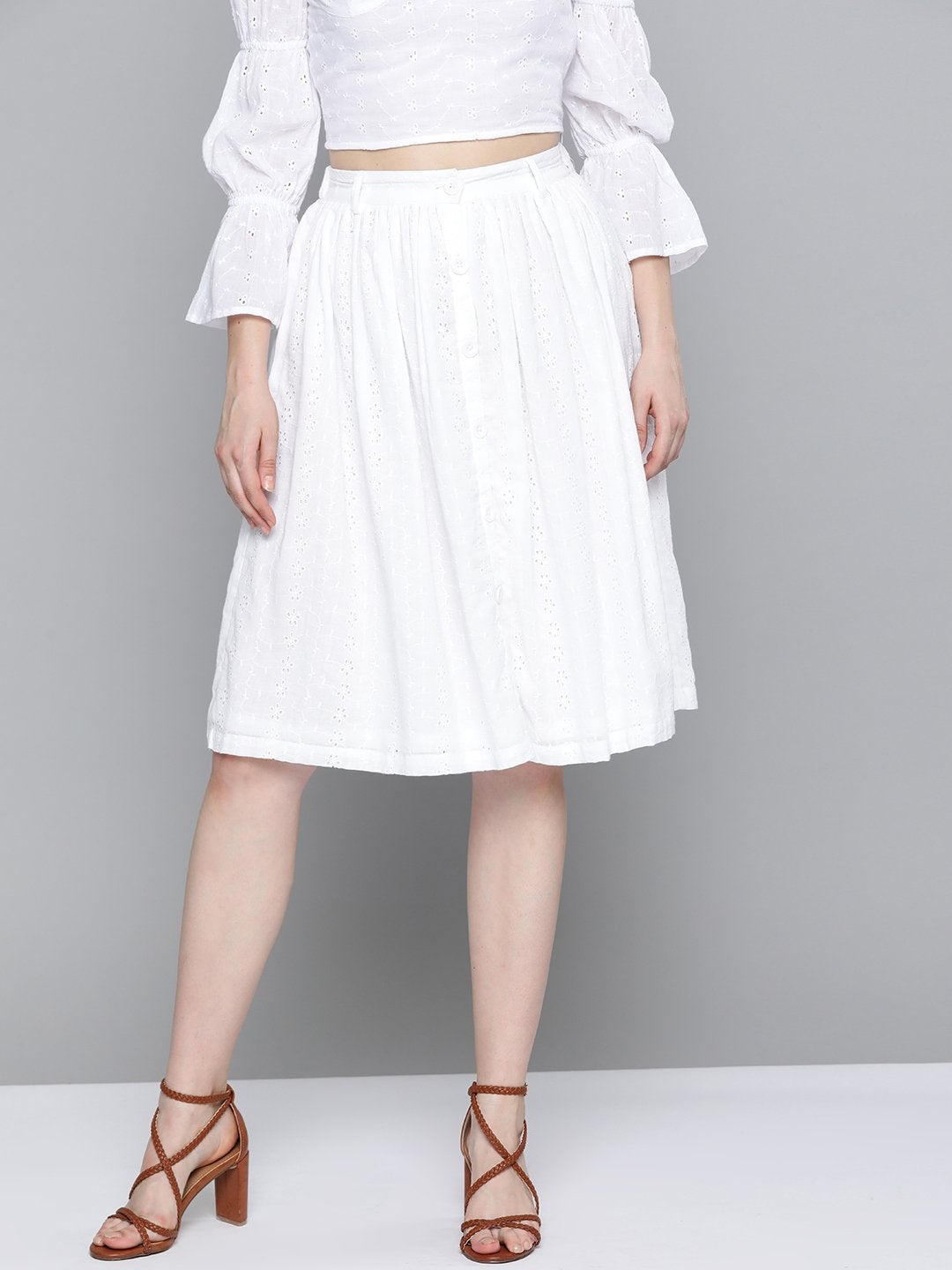 Women's White Schiffli Buttoned Skirt - SASSAFRAS