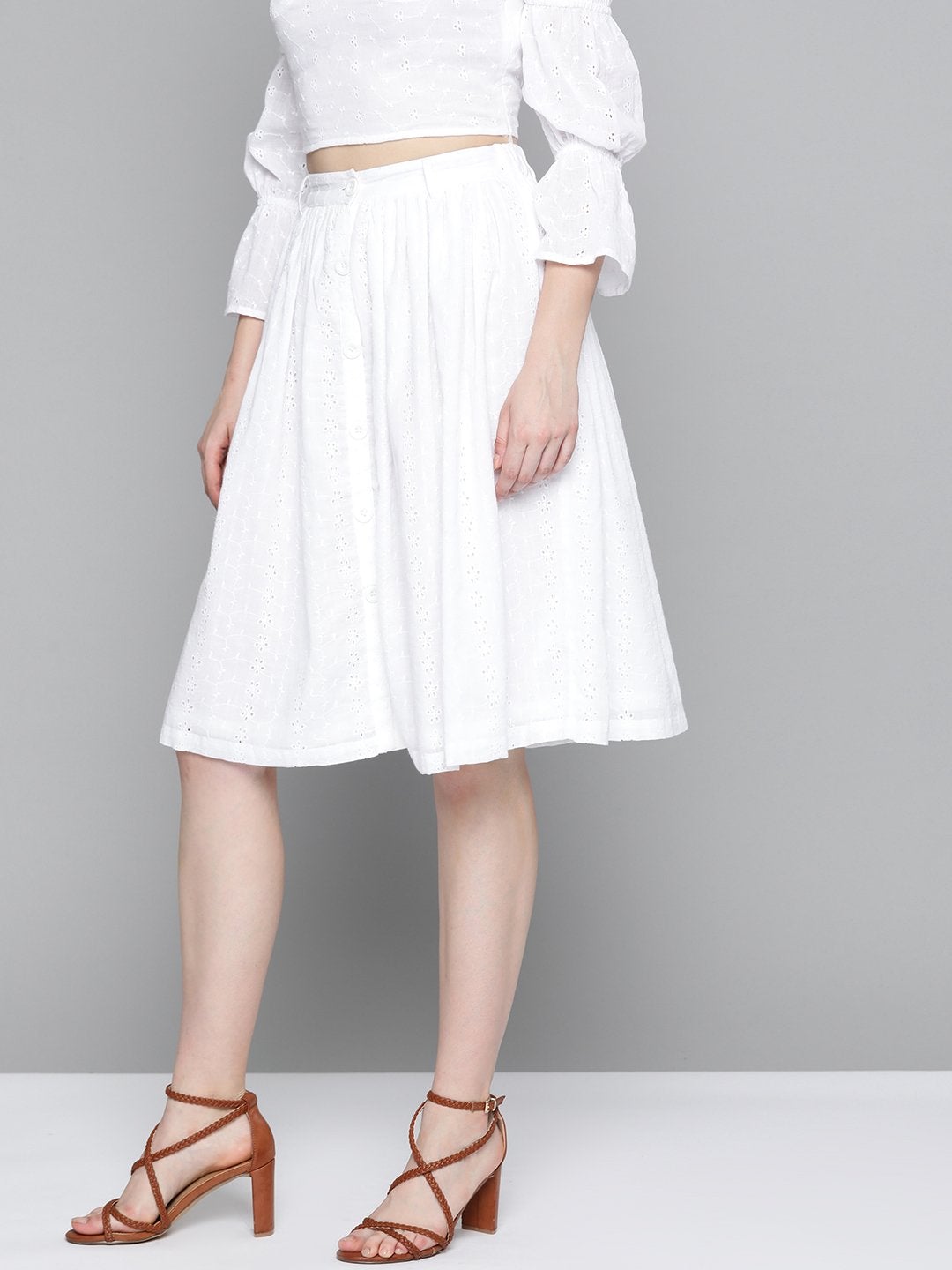 Women's White Schiffli Buttoned Skirt - SASSAFRAS