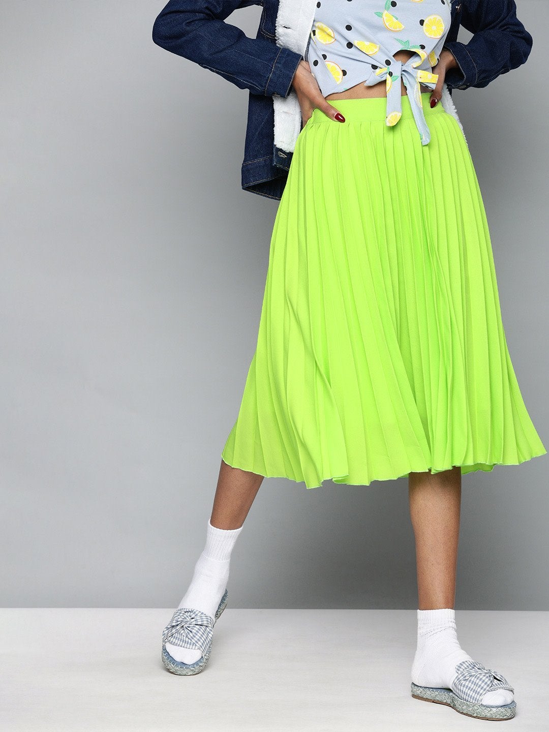 Women's Neon Green Pleated Skirt - SASSAFRAS