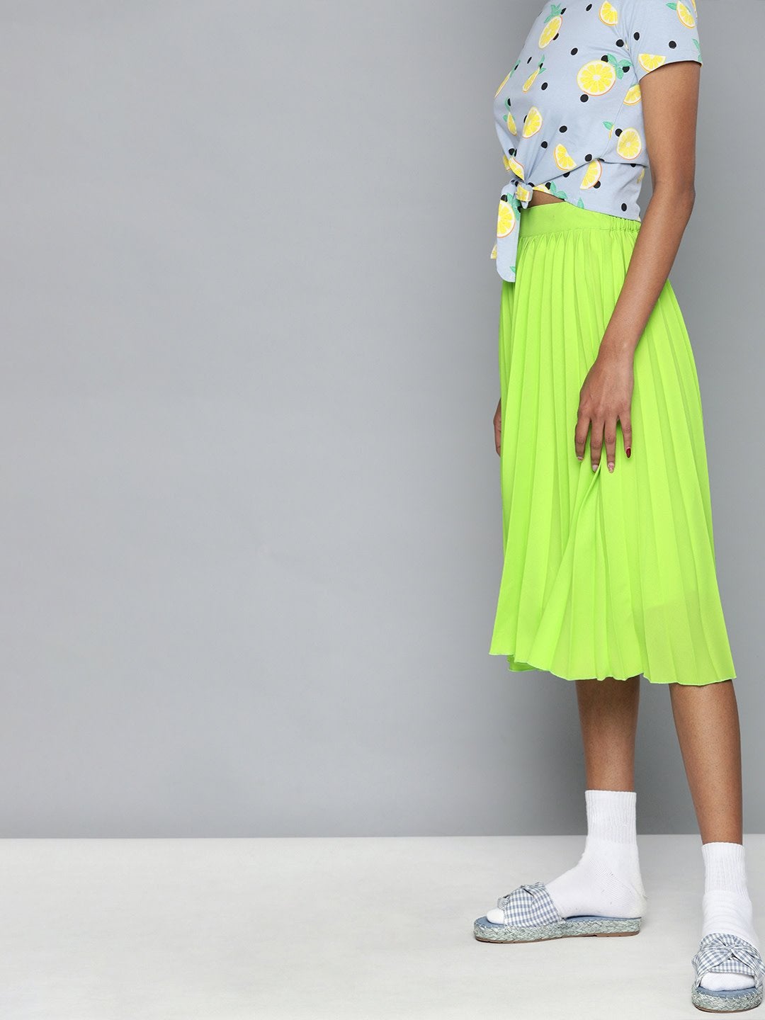 Women's Neon Green Pleated Skirt - SASSAFRAS