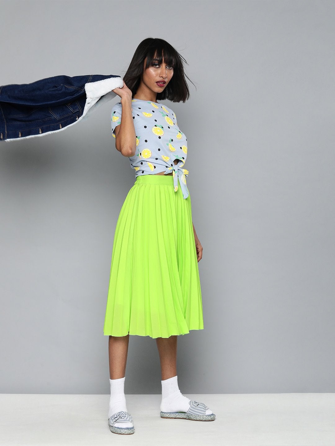 Women's Neon Green Pleated Skirt - SASSAFRAS