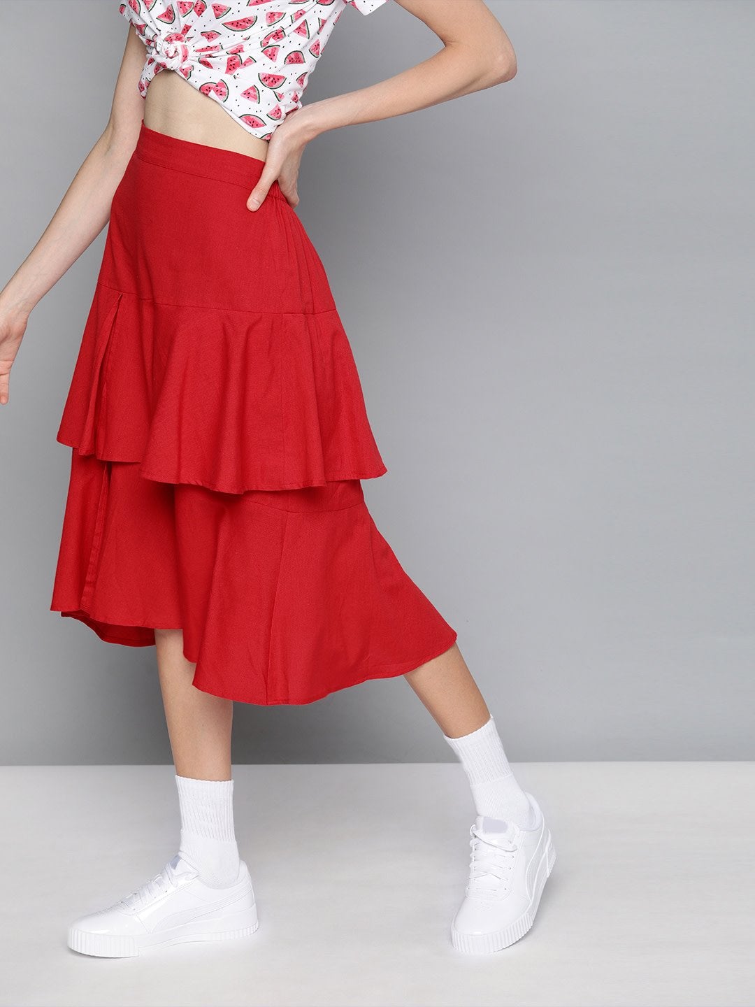 Women's Red Layered Midi Skirt - SASSAFRAS