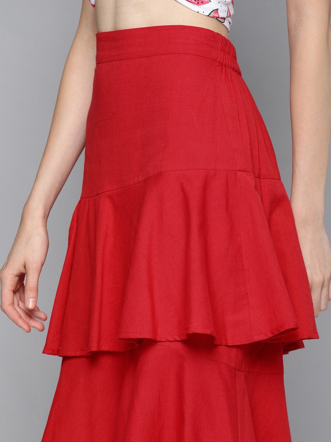 Women's Red Layered Midi Skirt - SASSAFRAS