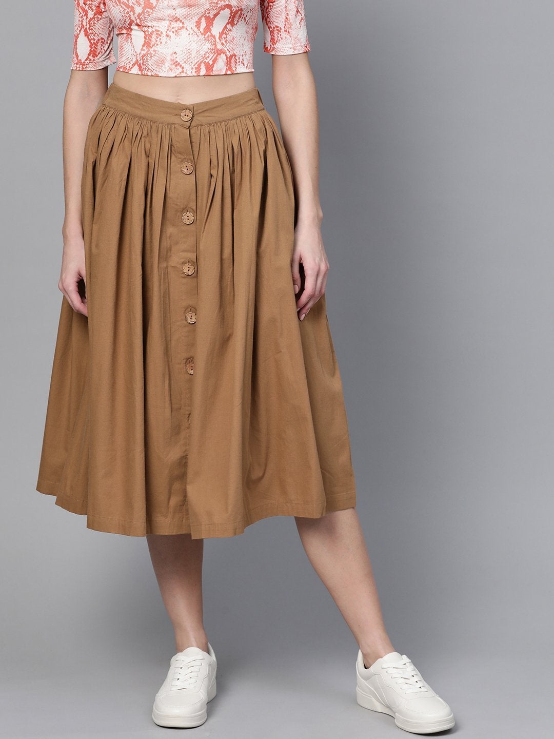 Women's Brown Front Button Gathered Skirt - SASSAFRAS