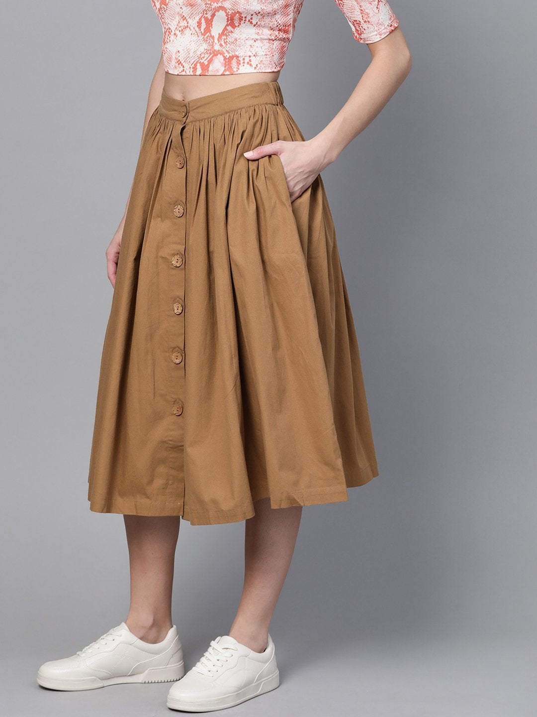 Women's Brown Front Button Gathered Skirt - SASSAFRAS